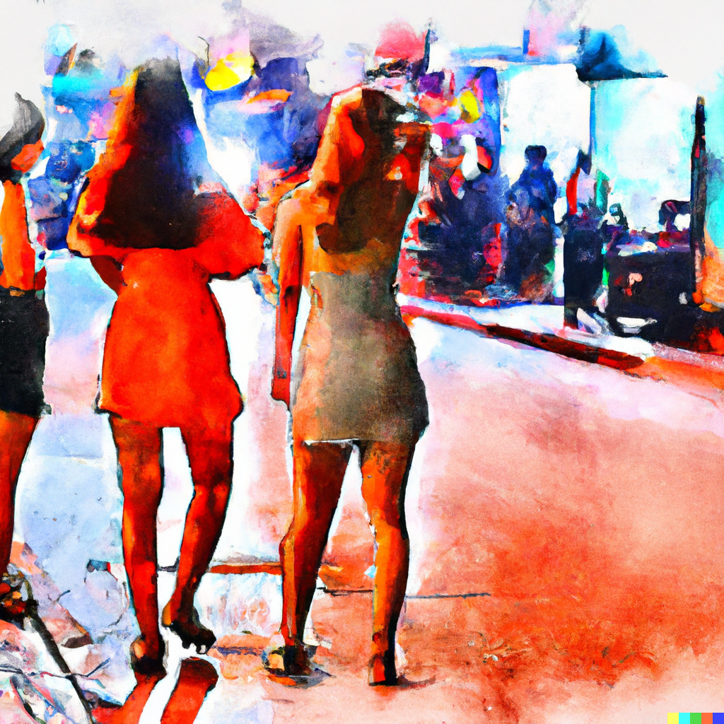 a sketchy watercolor of several women wearing cocktail dresses in a bangkok red light district at night, walking away from the viewer